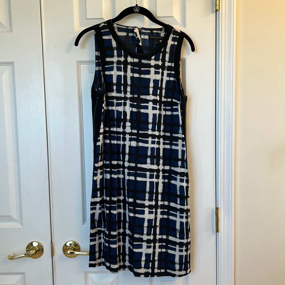 Banana Republic blue, black and white patterned midi dress.